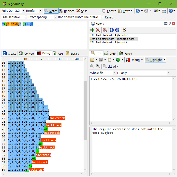 Proof of backtracking in linear time in RegexBuddy